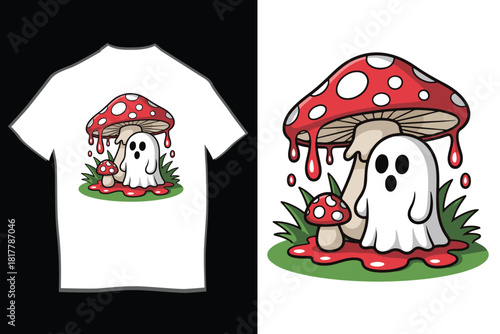 Cute cartoon ghost character standing under a magical red and white spotted mushroom with dripping details, on a bed of green grass and a smaller toadstool.