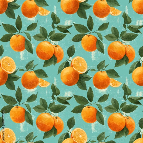 Seamless pattern with bright oranges, green leaves and citrus slices on a blue background illustration for packaging and textile design
