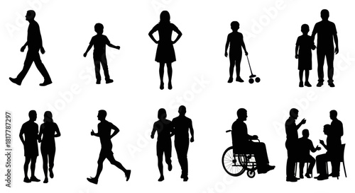 Silhouettes of people in various activities and stages of life, representing community and