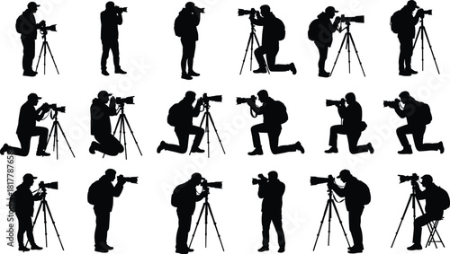 Photographer silhouette set, camera tripod pose, professional photography vector, photo shoot action figure, DSLR shooter black design, man taking pictures clipart