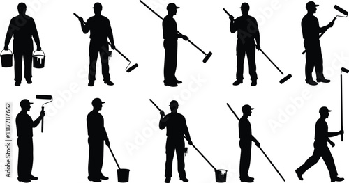 Silhouette of painter with paint roller, professional worker illustration, painting tools concept, home improvement job, maintenance labor man, construction occupation graphic, vector art