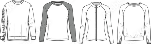 Sweatshirts and activewear long sleeve tops technical flat sketches, raglan sleeve CAD design for men and women vector template