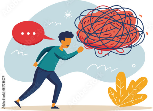 Overcoming complex thoughts with clear communication, a man pushing through mental clutter, showcasing focus and problem solving with speech bubble