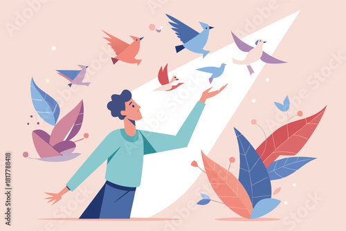 Dreamer releasing colorful birds towards bright future, artistic illustration of man with nature, hope and freedom concept, positive vibes, wellbeing