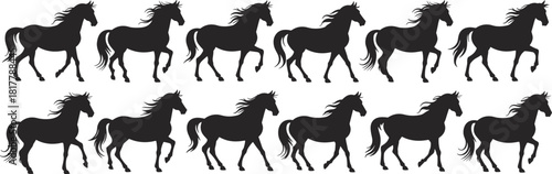 Silhouettes of galloping horses in motion, elegant horse vector illustrations with flowing mane, black animal shapes isolated on white background for art, design, and decoration