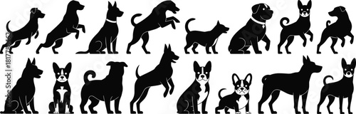 Silhouettes of various dog breeds in different poses, playful and sitting pet dog vector collection, black animal icons isolated on white background for design and decoration