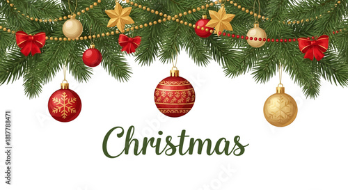 Christmas decoration with pine branches, ornaments, stars, bows, and beads on a white background.