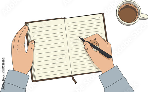 A person’s hand writing in a notebook with a black pen, a cup of coffee placed on the side, concept of productivity, journaling, and daily routine