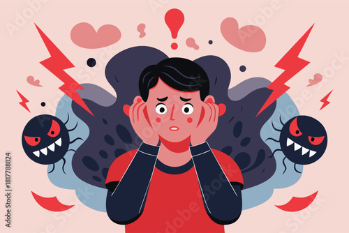 Stressed young man facing anxiety and inner turmoil, surrounded by dark thoughts and fears, ideal for mental health awareness campaigns and support resources