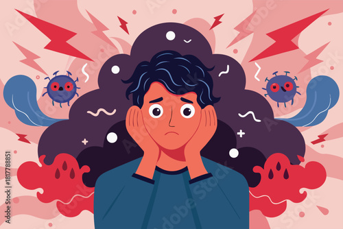 Feeling overwhelmed by anxiety? Illustrated character depicting stress, fear, and health concerns during challenging times, promoting mental wellness and coping.
