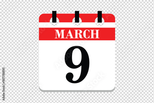 9 March Calendar icon vector, 9 dates of March month calendar icon, dates of March 9 icon calendar, vector calendar icon.