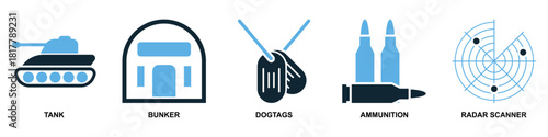Set Military Icon Vector Ideal for applications, games, or graphic design projects related to armed forces, defense, conflict, and specialized equipment.