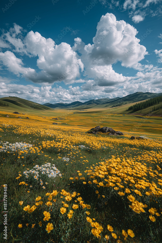 Obraz premium mountain landscape with yellow flowers