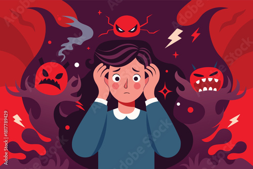 Overwhelmed young woman struggling with anxiety and negative thoughts, feeling stressed, seeking mental health support and inner peace during difficult times