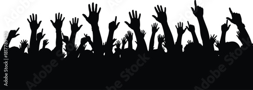 Cheering crowd silhouette with various hands raised, including palms and pointing fingers, symbolizing questions, voting, excitement, or music concert audience.