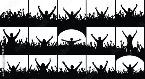 Collage of enthusiastic cheering crowd silhouettes with central figures raising hands, symbolizing victory, concert, celebration, leadership, and public event energy.