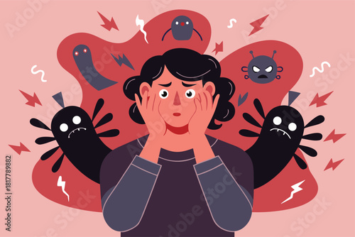 Overwhelmed woman facing anxiety monsters and inner demons in a surreal emotional crisis, feeling stressed, scared, and trapped by mental health issues