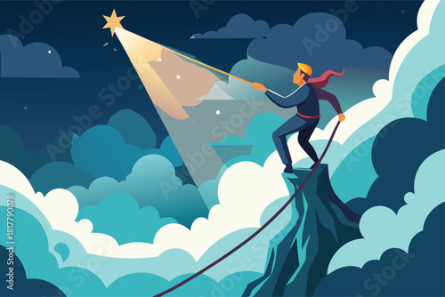 Achieve your dreams and reach for the stars with this inspiring image of perseverance, determination, and success against a vibrant, modern backdrop