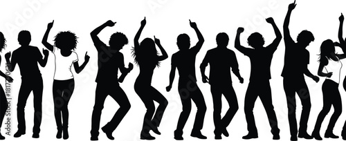 Dancing people silhouette at night club, party, or concert, expressing joy, celebration, and fun, vector illustration isolated on white background.