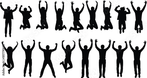 Collection of happy people silhouettes jumping high with raised hands, celebrating success, achievement, freedom, joyful victory, or team excitement.