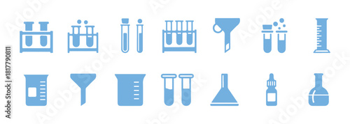 Collection of vector icons representing laboratory glassware, set against a white background

