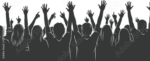 Detailed silhouette of an enthusiastic crowd raising hands and cheering, depicting a concert, music festival, political rally, audience participation, or event.