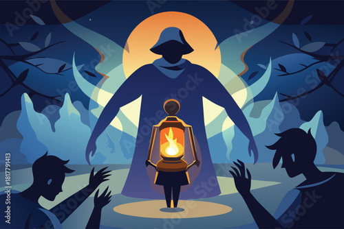 Mysterious figure with lantern guiding lost souls in otherworldly landscape, evoking fantasy and imagination for storytelling and design projects