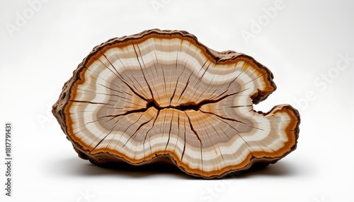 A large, irregularly shaped tree trunk with an intricate pattern of bark and wood, exhibiting variations in color ranging from light to dark tones, reminiscent of natural mineral deposits
