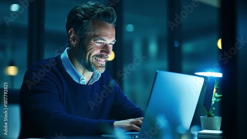 Smiling businessman working late on a laptop in a modern office at night.
