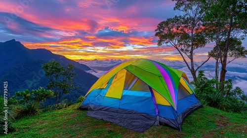 Camping Tent Sunrise: Mountain Adventure and Nature Escape