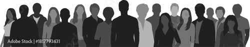 Diverse group of standing people silhouettes in shades of gray, representing team unity, community, business professionals, audience, or demographic diversity.