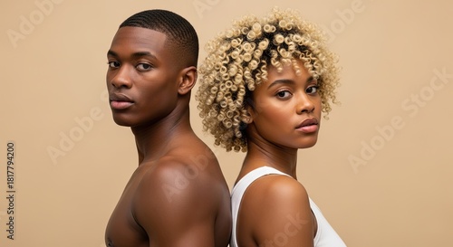 Diverse young adults with clear skin stand back to back looking forward