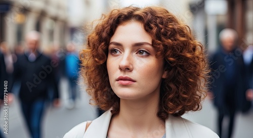 Young Woman With Curly Red Hair Stands Out In A Crowded City Street