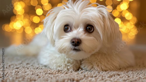 A white dog is laying on the floor. It has a black nose and brown eyes. The dog is looking at the camera. Maltese lying on carpet with golden lights in background