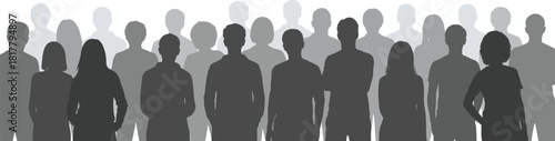 Diverse standing crowd silhouette in shades of gray, representing community, business, social gathering, audience, team unity, and demographic diversity.