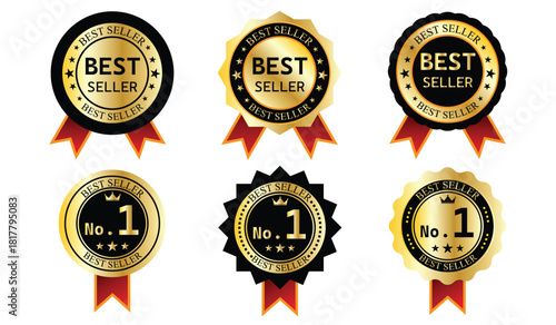 Premium Black and Gold Best Seller Badges Collection. A set of high-contrast "Best Seller" vector badges in gold and black with red ribbons. Features various starburst and scalloped edge shapes