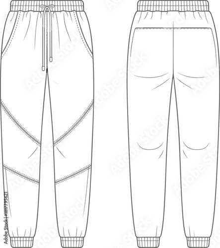 Men's paneled joggers sweatpants technical sketch, fashion cad drawing flat vector illustration, front and back views with drawstring.