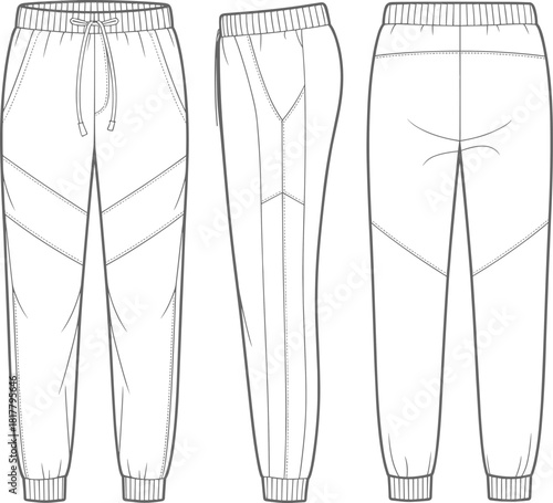 Men's joggers sweatpants technical sketch, fashion cad drawing flat vector illustration, front side and back views with knee panels.