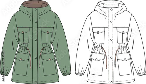 Women's green hooded parka jacket technical sketch, fashion cad drawing flat vector illustration, drawstring waist utility pockets front view.