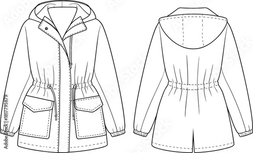 Women's hooded anorak jacket technical sketch, fashion cad drawing flat vector illustration, front and back views, drawstring waist, utility pockets.