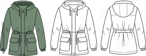 Hooded parka jacket technical flat sketch with drawstring waist pockets zipper details front and back apparel design template illustration