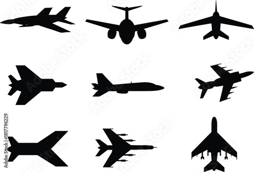 Aircraft silhouettes collection, military and commercial airplanes, aviation icons, fighter jets, passenger planes, air force, flying machines, vector set, aerospace