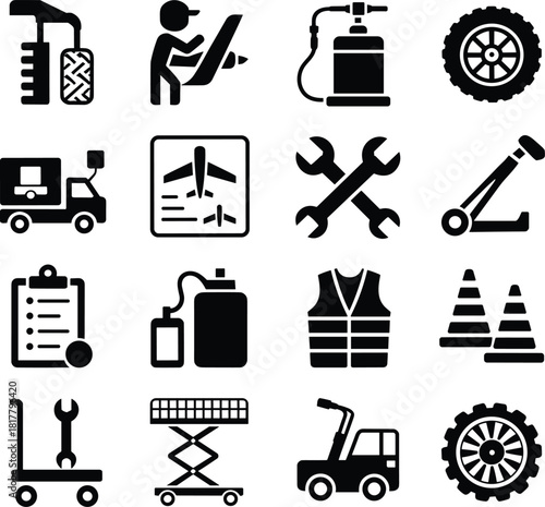 Airport ground support icons, aviation maintenance tools, safety gear, equipment symbols, repair service signs, transportation logistics, airline technical illustration
