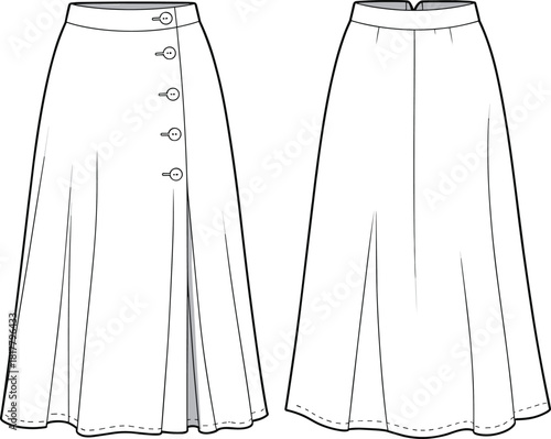 A-line long skirt front and back view, side button detail, flared hem design, fashion CAD drawing flat vector illustration