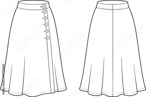 A‑line skirt fashion flat sketch with button front closure, fitted waistband, panel seams, flared silhouette, front and back apparel illustration