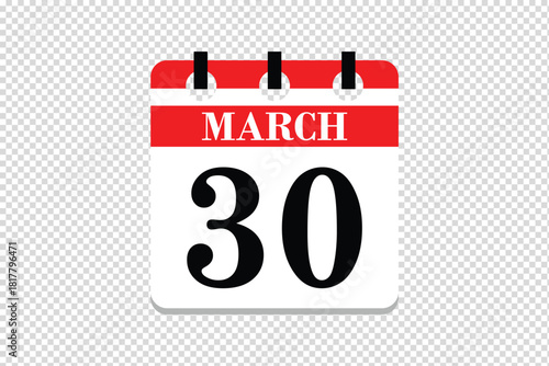 30 March Calendar icon vector, 30 dates of March month calendar icon, dates of March 30 icon calendar, vector calendar icon.