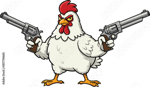 Angry cartoon chicken with guns, funny poultry mascot holding pistols, wild west animal illustration, armed rooster character, humorous aggressive bird with weapons, vector art