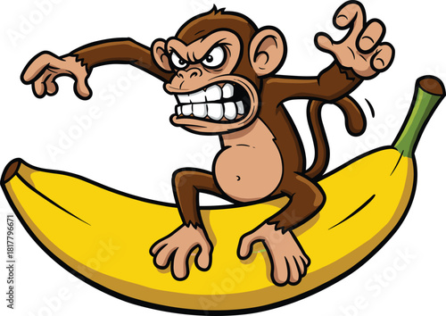 Angry cartoon monkey riding banana, expressive animal character illustration, funny jungle creature artwork, humor design concept, comic primate pose, tropical fruit mascot idea