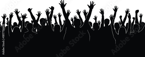 Enthusiastic audience raising hands silhouette celebrating success, freedom, excitement, and energy at a lively concert, event, or passionate political rally.