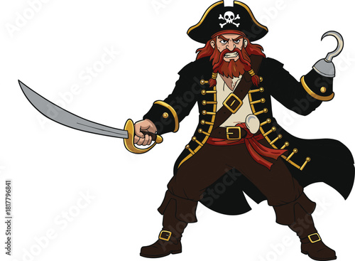 Angry pirate cartoon with sword and hook hand, pirate costume illustration, sea robber, adventure character, treasure hunter, comic pirate design
